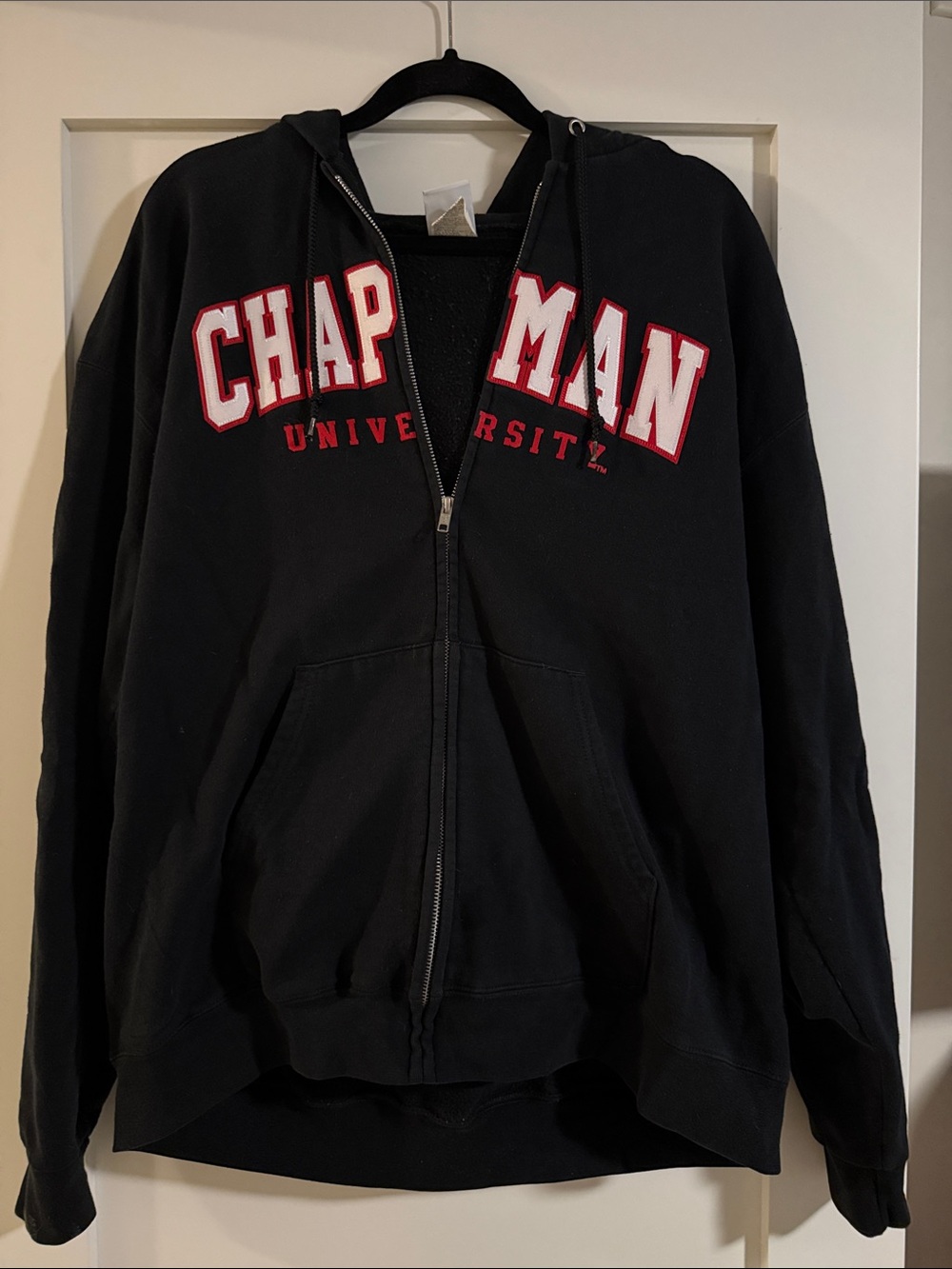 Chapman University XL Black Zip-Up Hoodie with Red & White Collegiate Lettering
